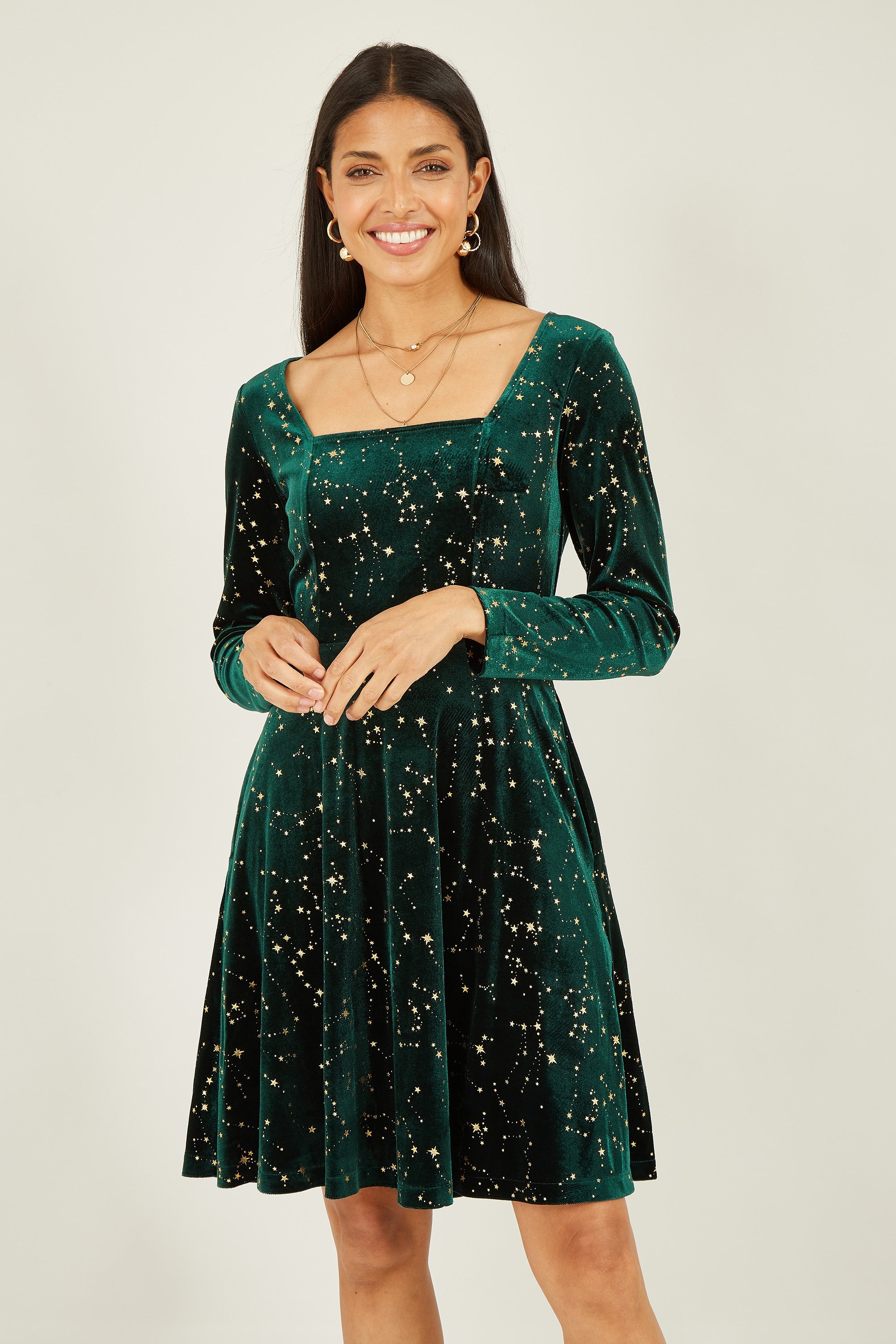 Mela Green Star Foil Print Long Sleeve Skater Dress - QHA UK