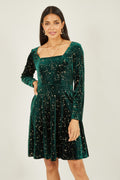 Mela Green Star Foil Print Long Sleeve Skater Dress - QHA UK
