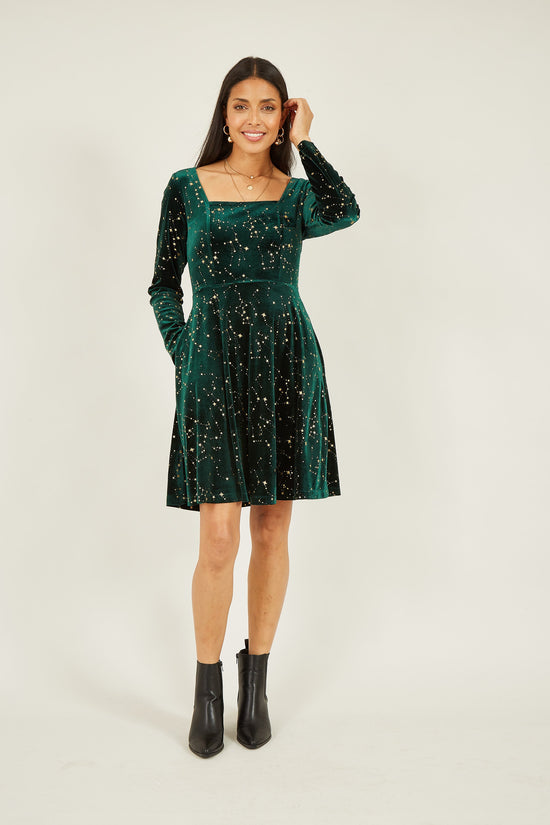Yumi Green Star Foil Print Long Sleeve Skater Dress - QHA UK