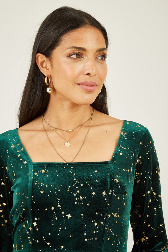 Yumi Green Star Foil Print Long Sleeve Skater Dress - QHA UK