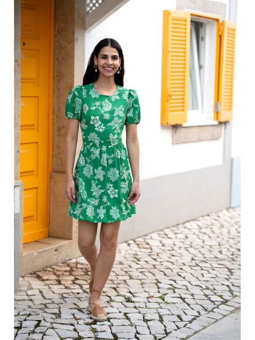 Mela Green Floral Print Skater Dress With Back Tie - QHA UK