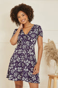 Mela Navy Floral Mini Skater Dress With Tie Front - QHA UK