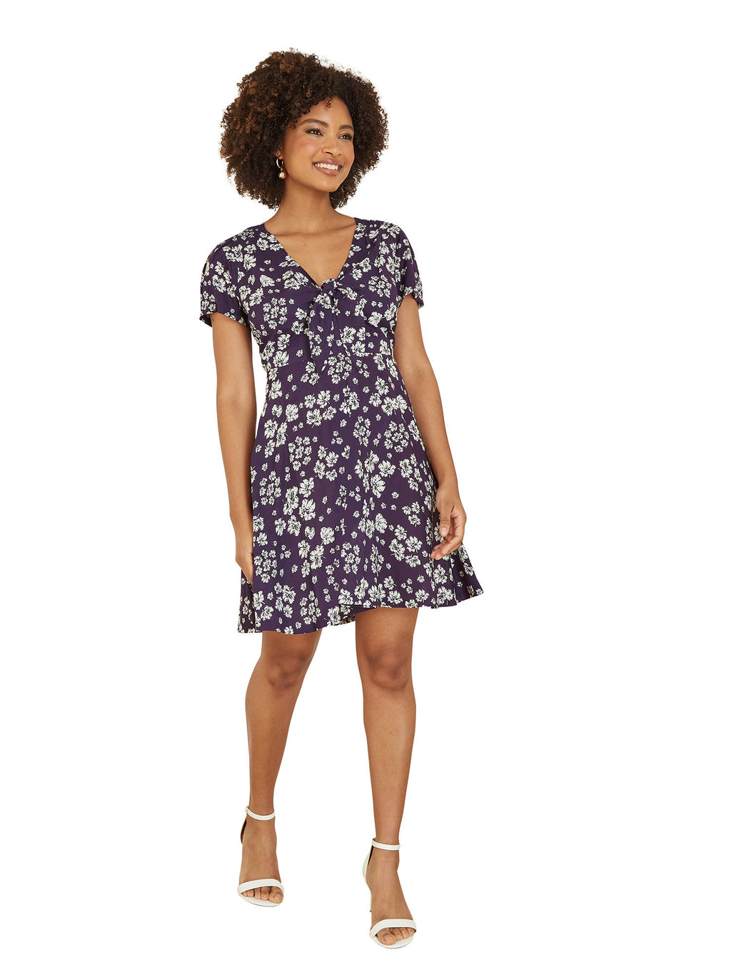 Mela Navy Floral Mini Skater Dress With Tie Front - QHA UK
