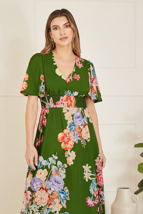 Mela Green Floral Ruched Waist Maxi Dress With Split Hemline - QHA UK