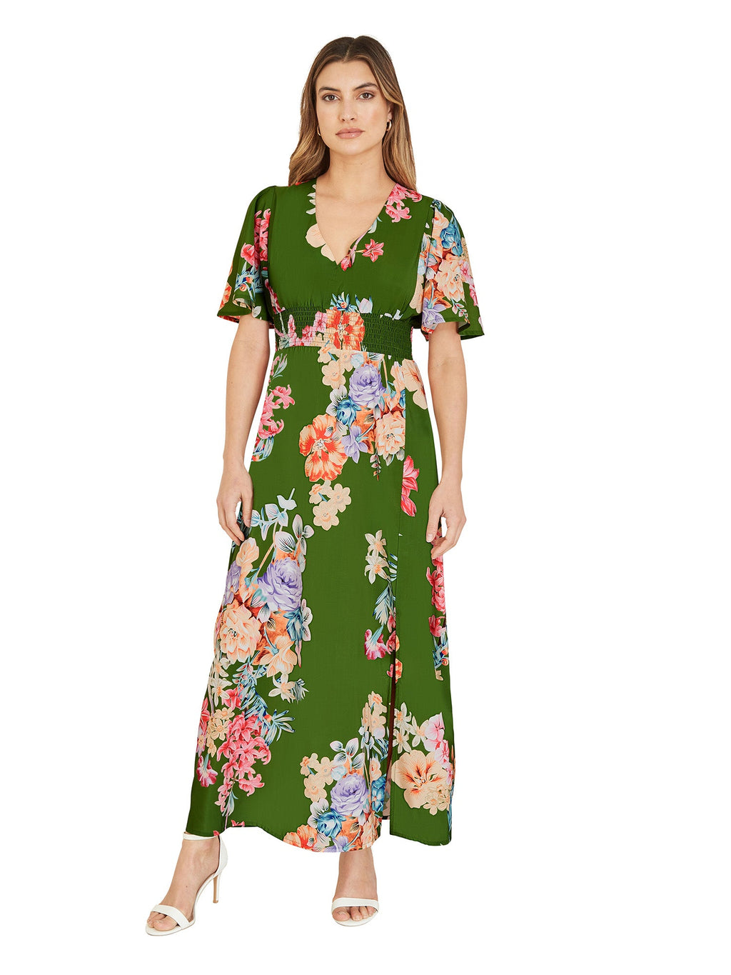 Mela Green Floral Ruched Waist Maxi Dress With Split Hemline - QHA UK