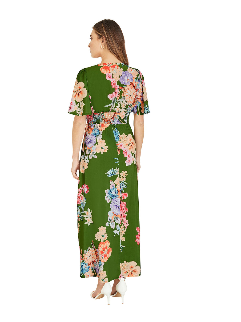 Mela Green Floral Ruched Waist Maxi Dress With Split Hemline - QHA UK