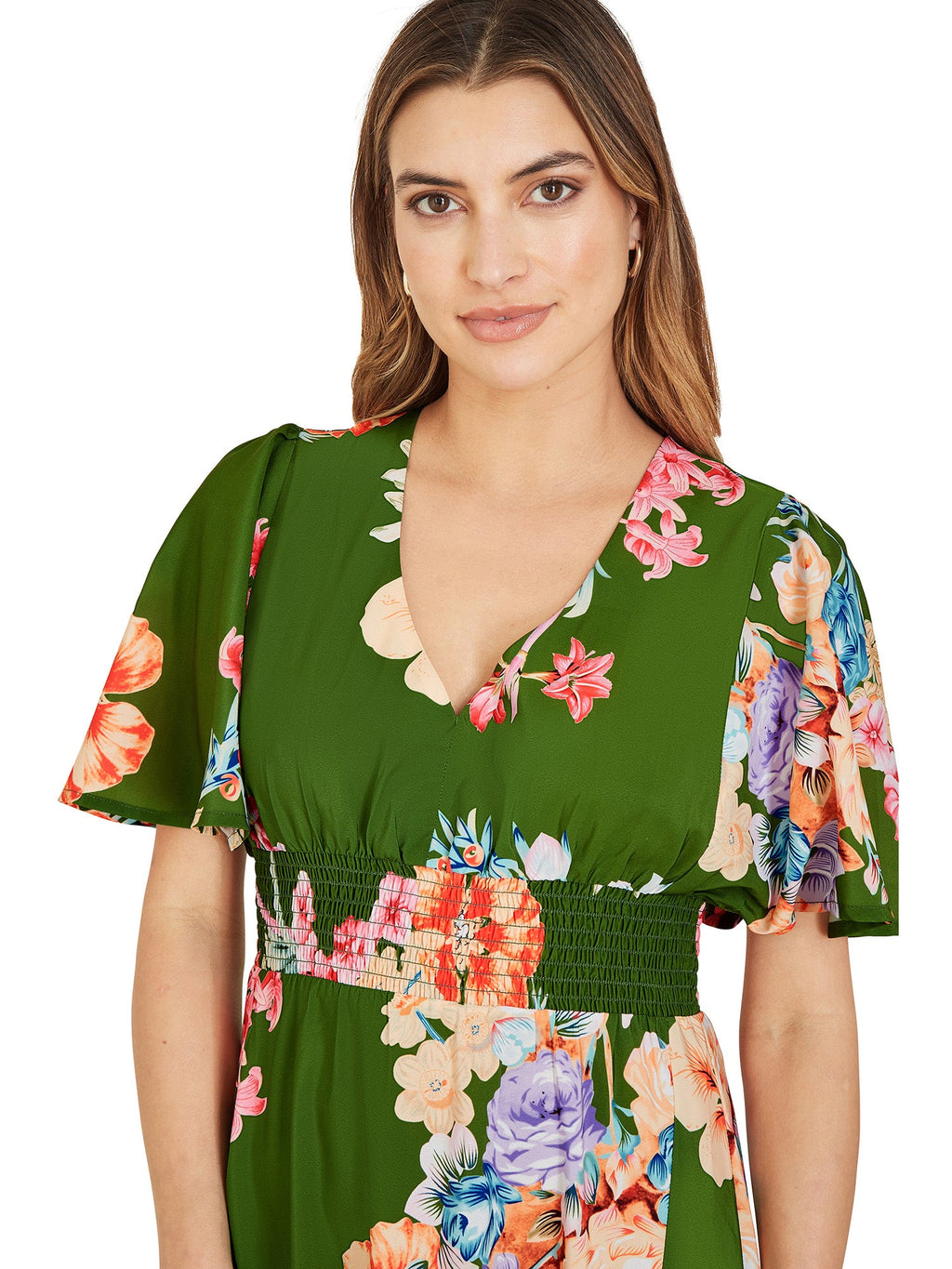 Mela Green Floral Ruched Waist Maxi Dress With Split Hemline - QHA UK