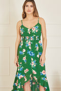 Mela Green Floral High Low Frill Midi Dress - QHA UK