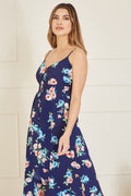 Mela Navy Floral High Low Frill Midi Dress - QHA UK