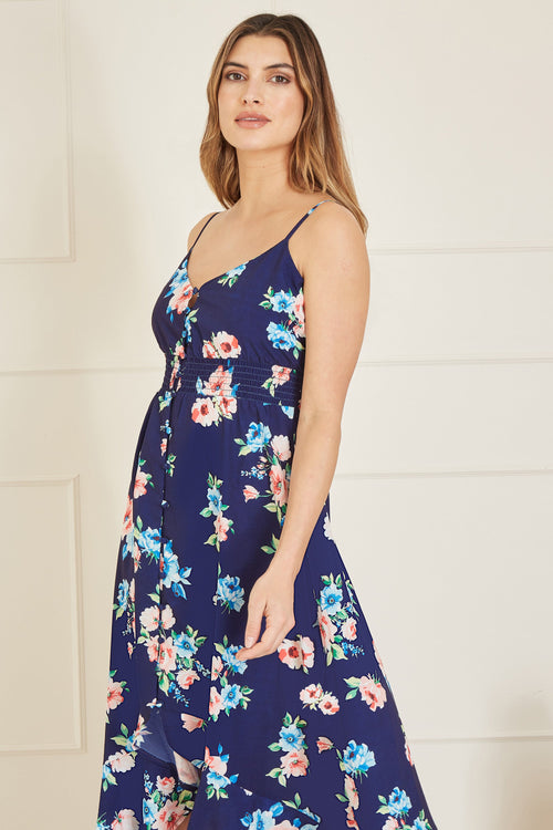Mela Navy Floral High Low Frill Midi Dress - QHA UK