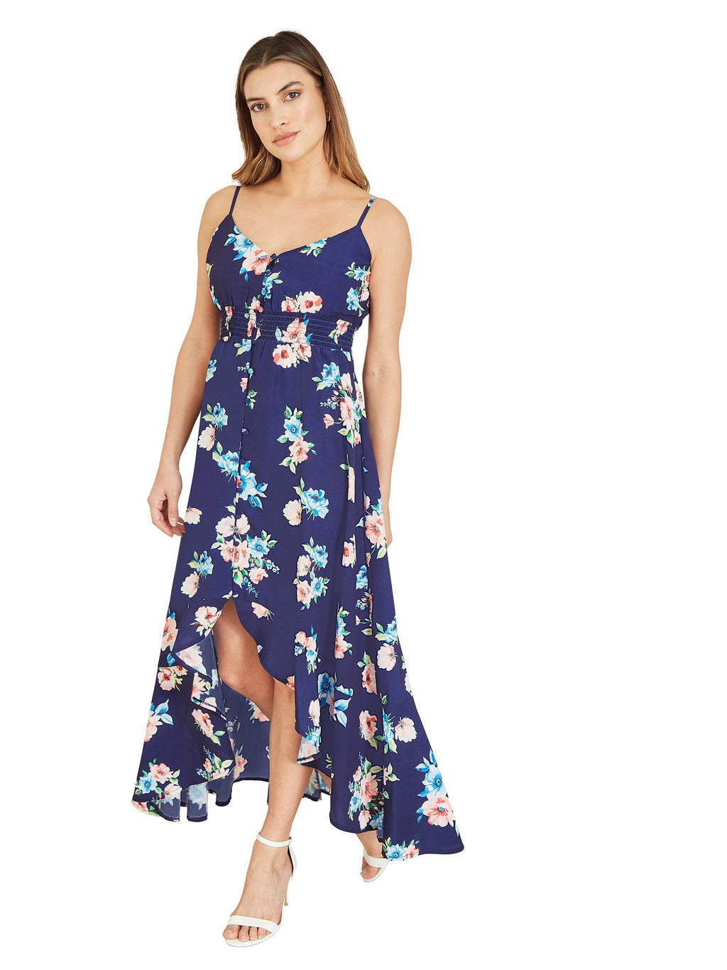 Mela Navy Floral High Low Frill Midi Dress - QHA UK