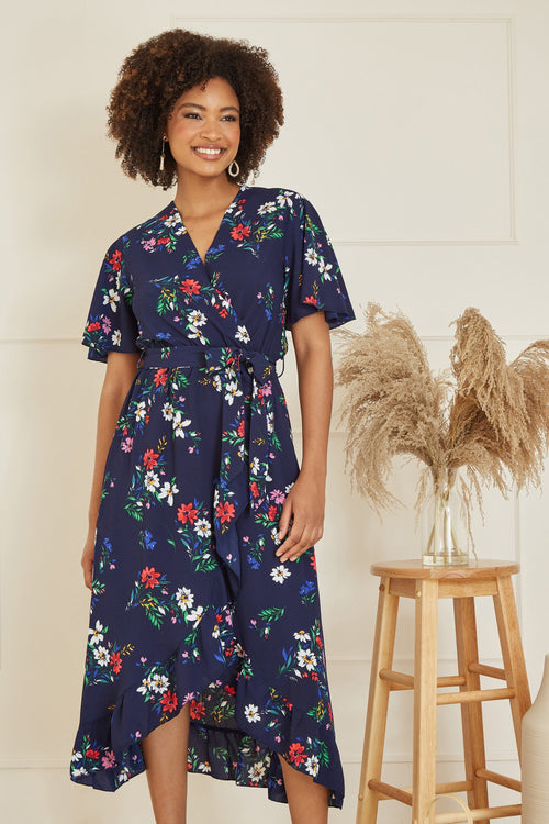 Mela Navy Floral Wrap Dress With Frill Hem - QHA UK