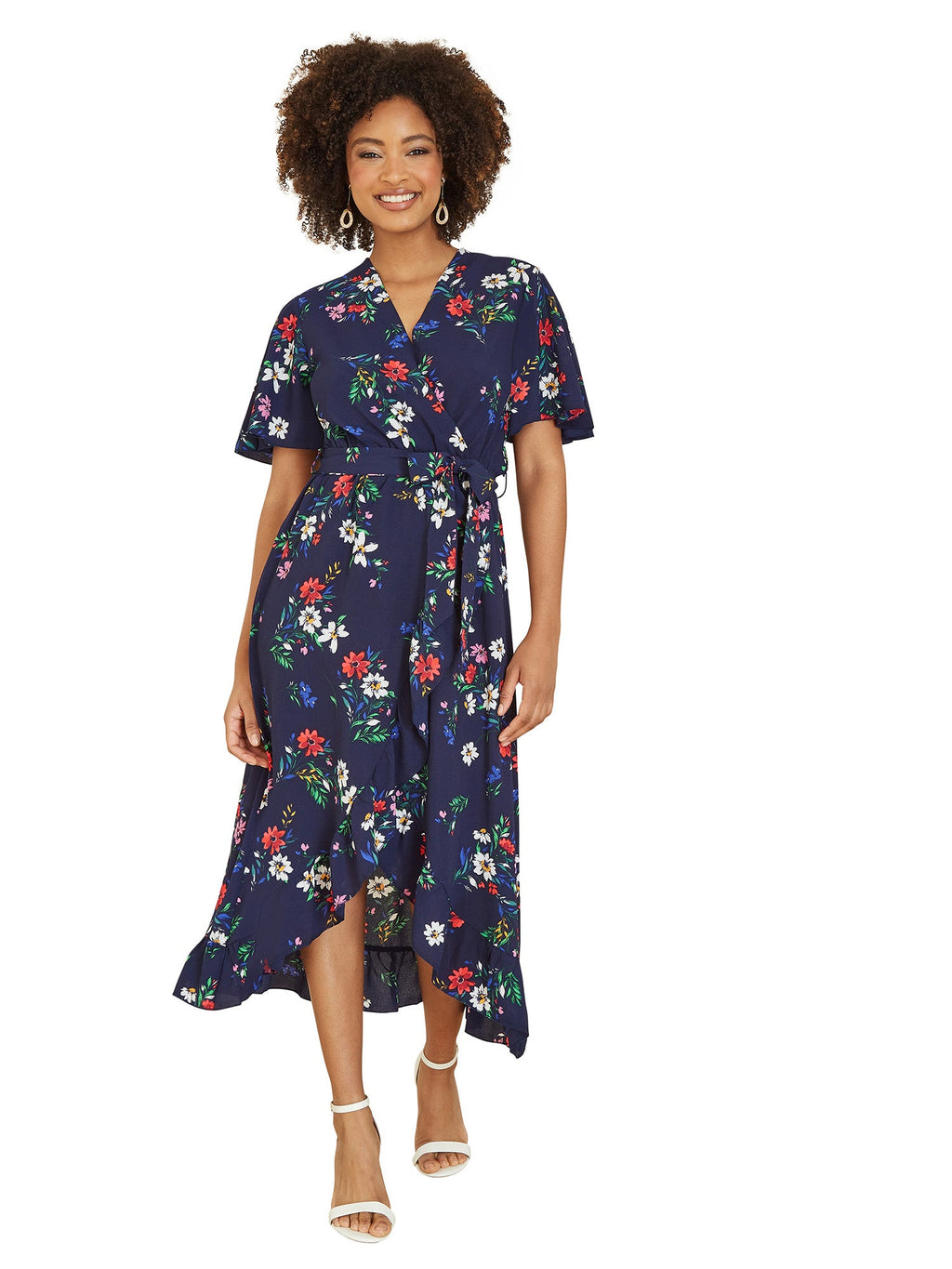 Mela Navy Floral Wrap Dress With Frill Hem