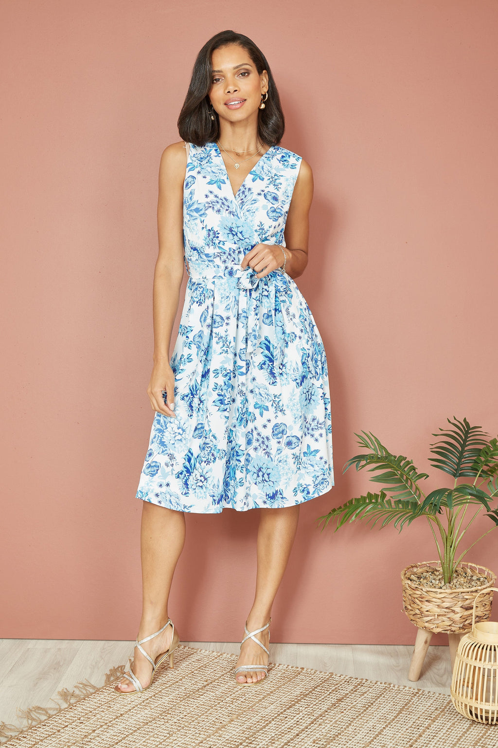Yumi Blue Floral Wrap Over Skater Dress - QHA UK