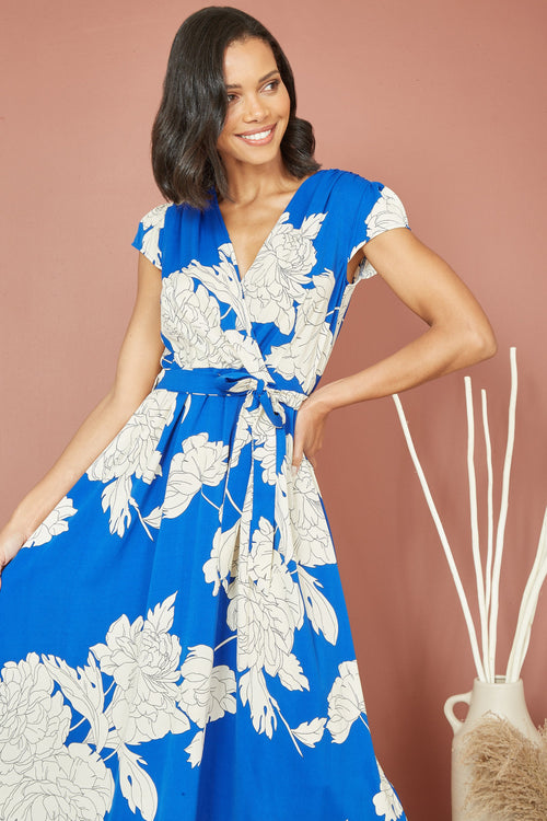 Mela Blue Blossom Print Wrap Midi With Dipped Hem - QHA UK