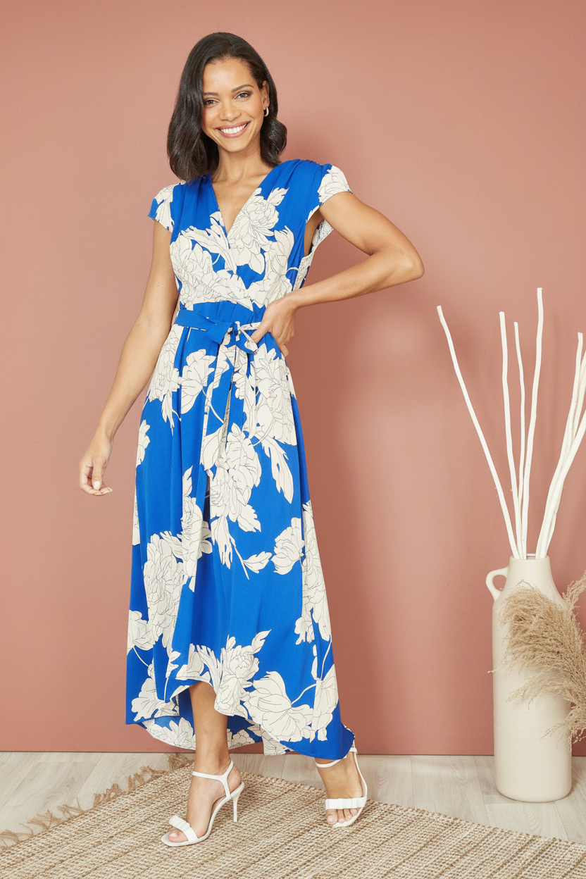 Yumi Women's Blue Blossom Print Wrap Midi Dress – Dipped Hem, Cap Sleeve, Sizes 6-28