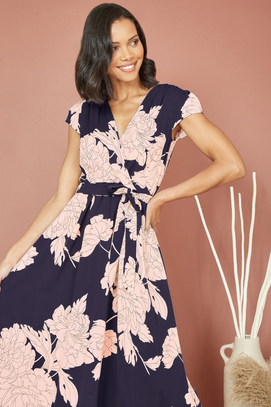 Yumi Navy Blossom Print Wrap Midi With Dipped Hem - QHA UK