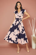 Yumi Women's Navy Blossom Print Wrap Midi Dress – Dipped Hem, Frill Trim, Sizes 6-28