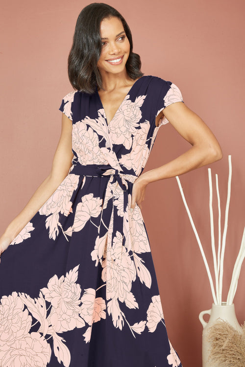 Mela Navy Blossom Print Wrap Midi With Dipped Hem - QHA UK