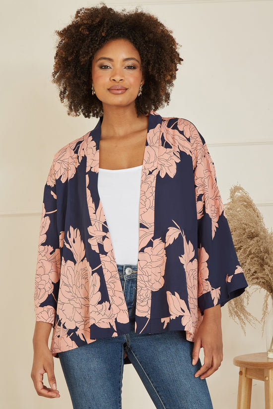 Yumi Navy Floral Blossom Print Kimono - QHA UK