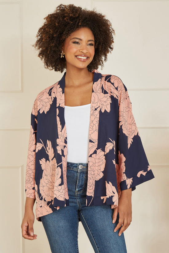 Yumi Navy Floral Blossom Print Kimono - QHA UK