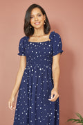 Yumi Navy Spot And Floral Print Border Ruched Midi Dress - QHA UK