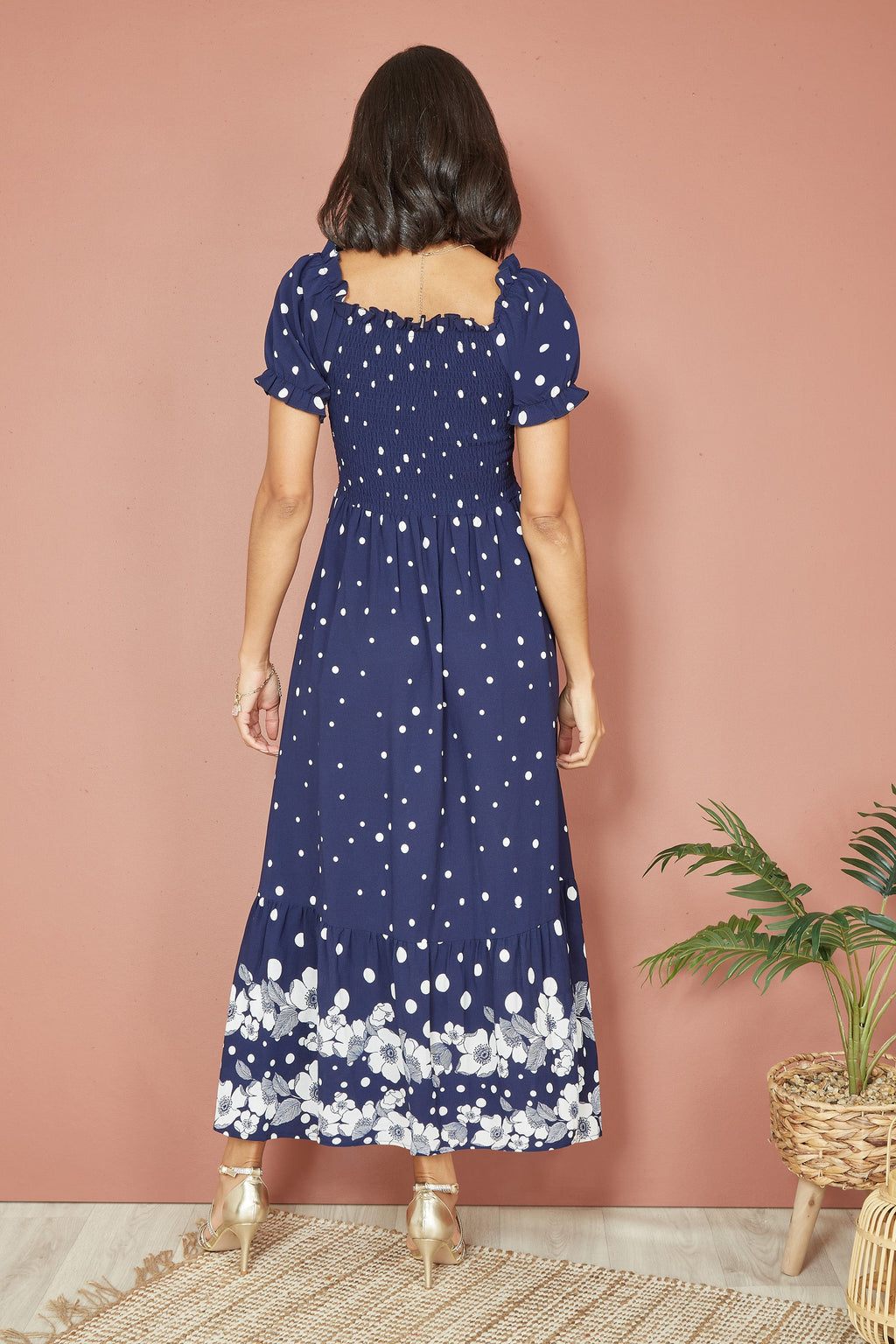 Yumi Navy Spot And Floral Print Border Ruched Midi Dress - QHA UK