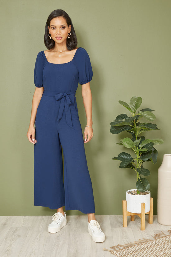 Yumi Navy Square Neck Puff Sleeve Culotte Jumpsuit - QHA UK