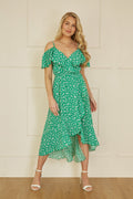 Yumi Green Ditsy Print Bardot Midi Dress With Dip Hem - QHA UK