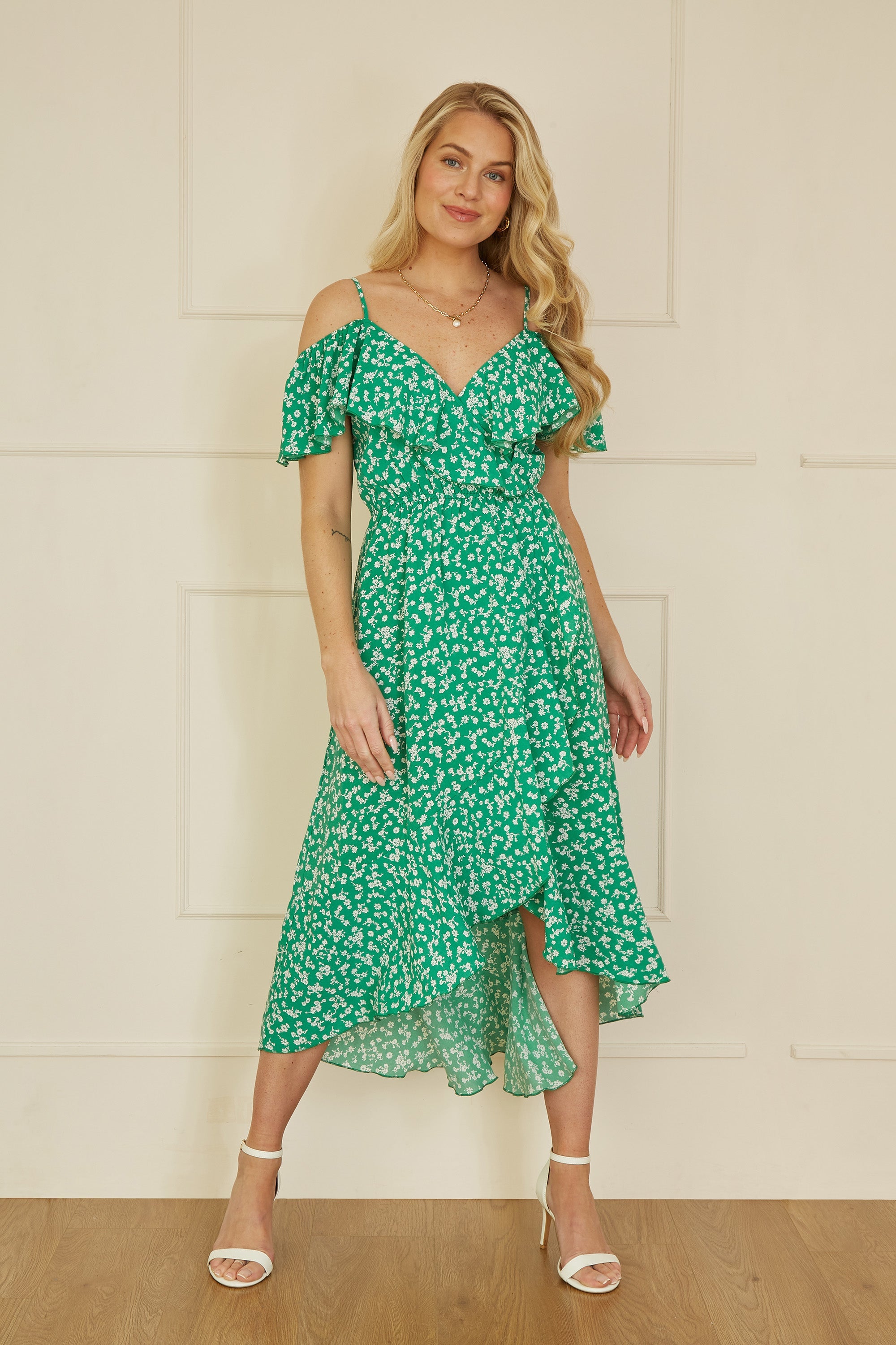 Yumi Green Ditsy Print Bardot Midi Dress With Dip Hem - QHA UK