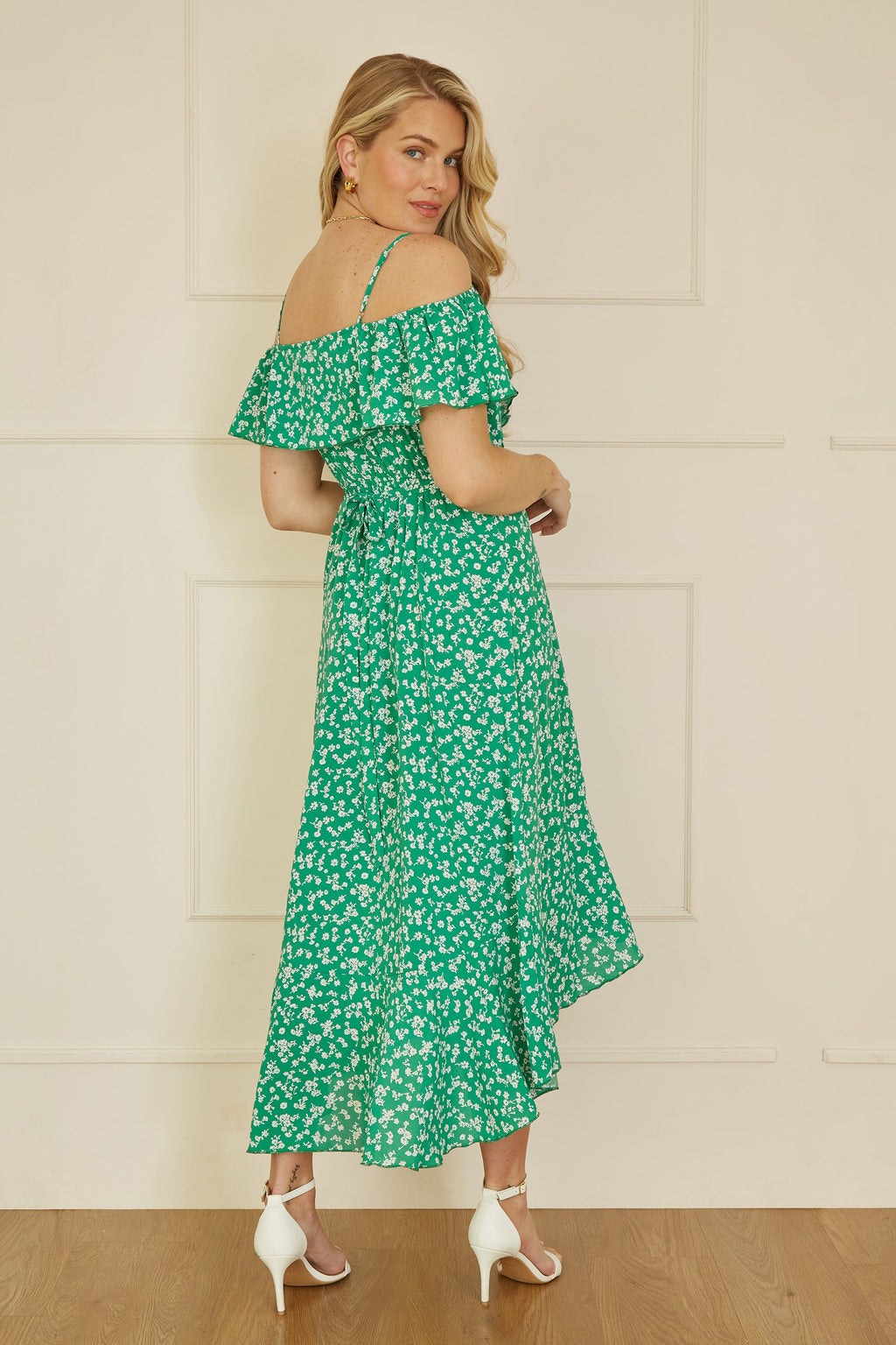 Yumi Green Ditsy Print Bardot Midi Dress With Dip Hem - QHA UK