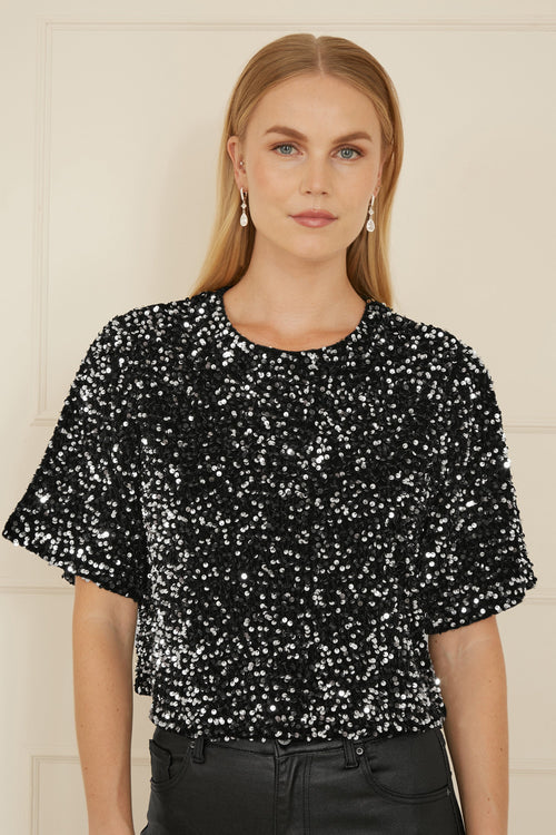 Mela Black Sequin Relaxed Fit Top - QHA UK