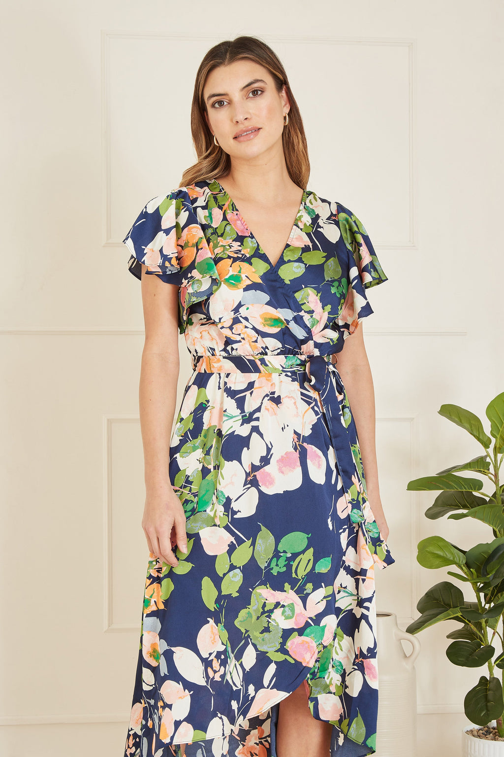 Mela Navy Floral Satin Wrap Over Midi Dress With Frill Sleeve - QHA UK