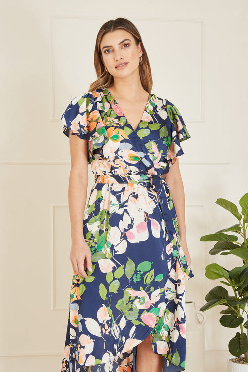 Mela Navy Floral Satin Wrap Over Midi Dress With Frill Sleeve - QHA UK