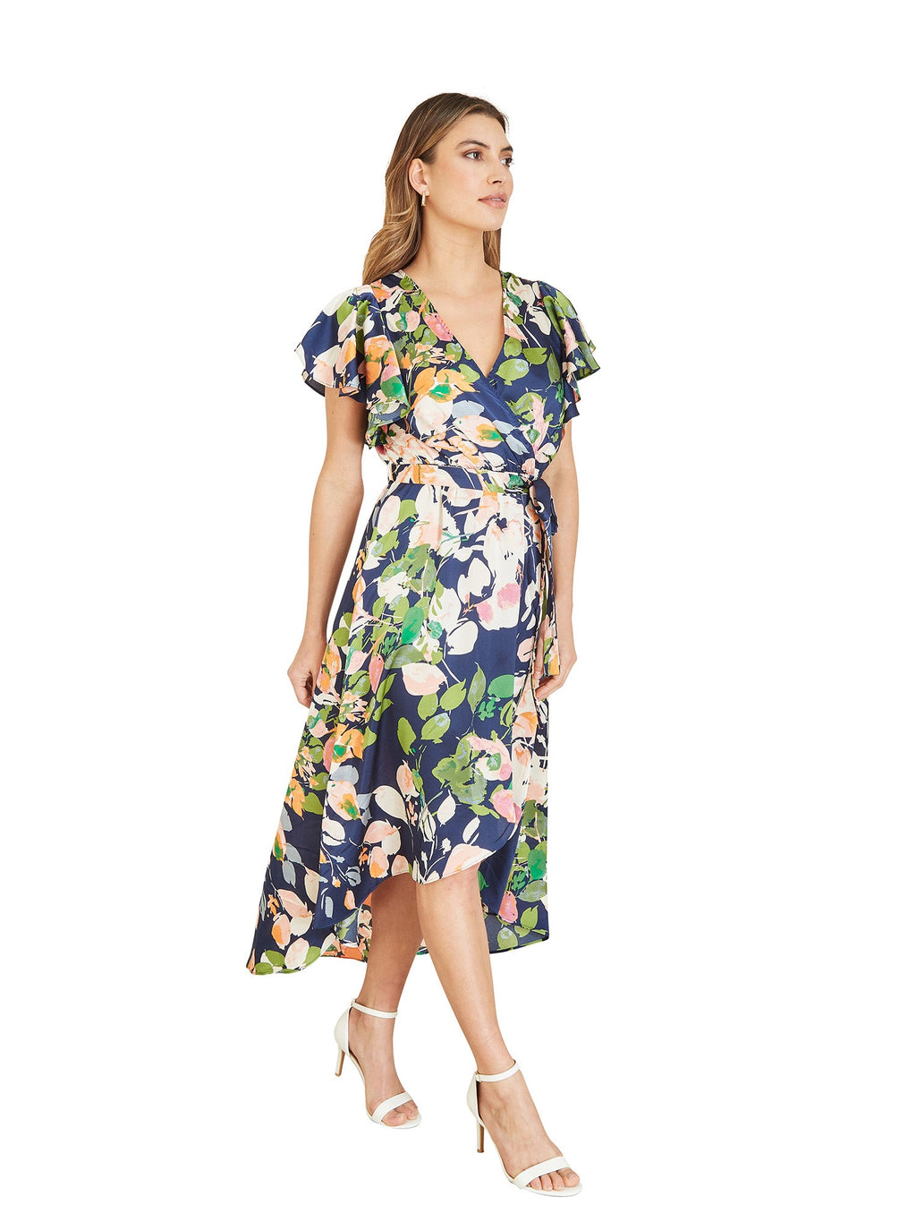 Mela Navy Floral Satin Wrap Over Midi Dress With Frill Sleeve - QHA UK