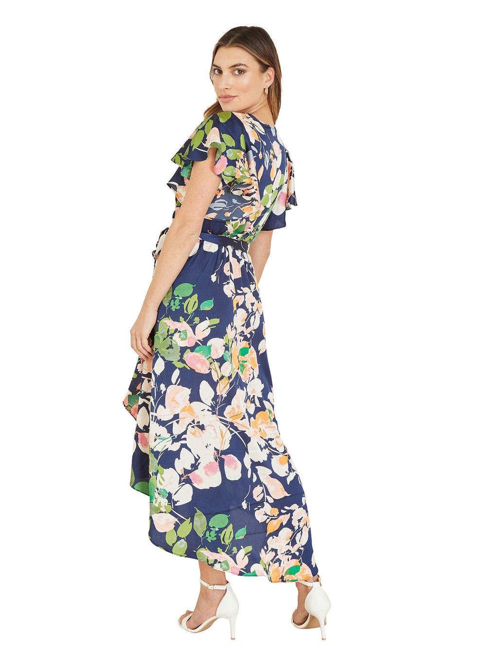 Mela Navy Floral Satin Wrap Over Midi Dress With Frill Sleeve - QHA UK