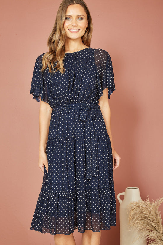 Yumi Navy Dot Print Mesh Stretch Midi Skater Dress - QHA UK