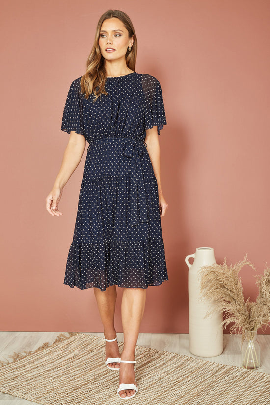 Yumi Navy Dot Print Mesh Stretch Midi Skater Dress - QHA UK