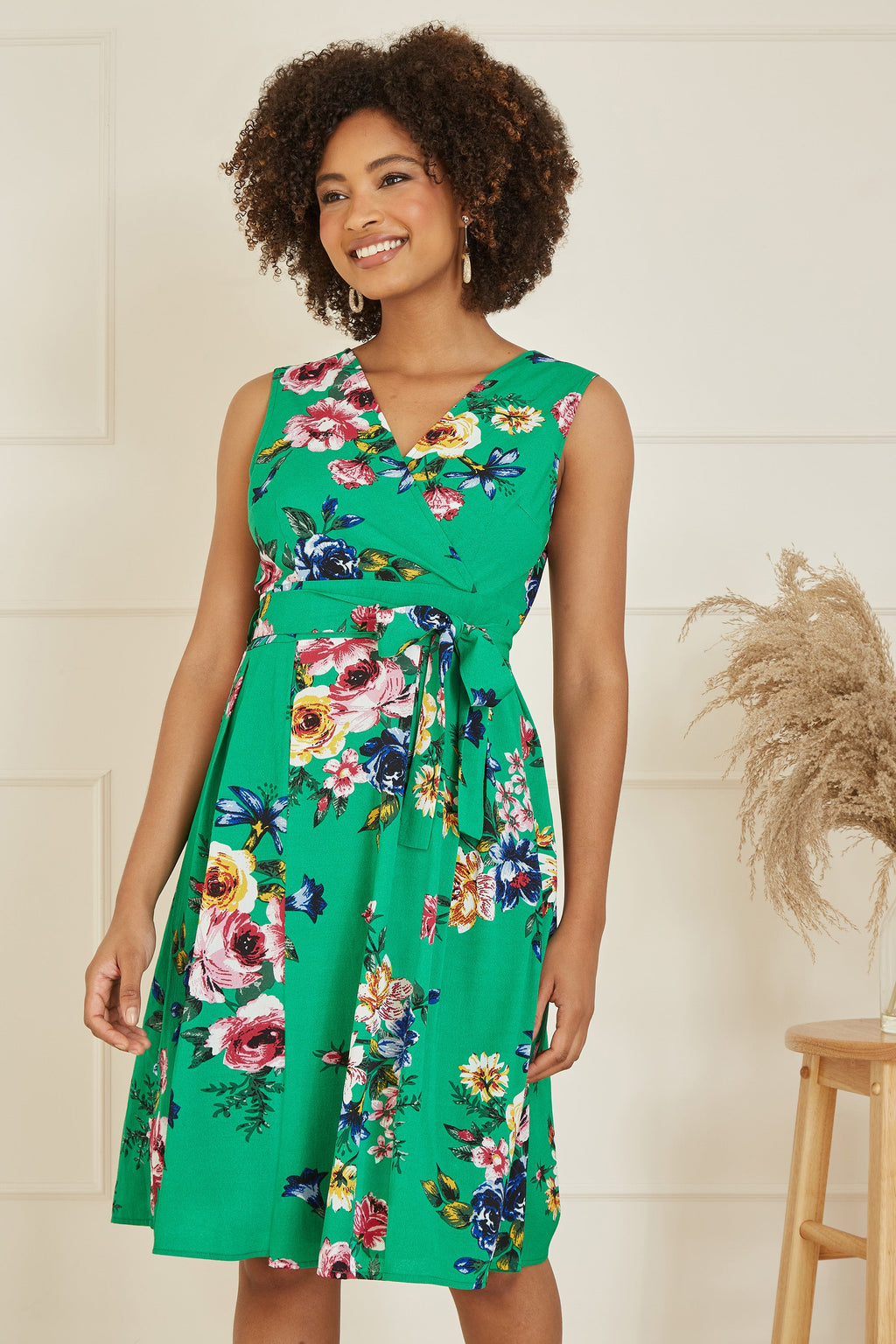Mela Green Floral Wrap Over Midi Skater Dress – QHA UK