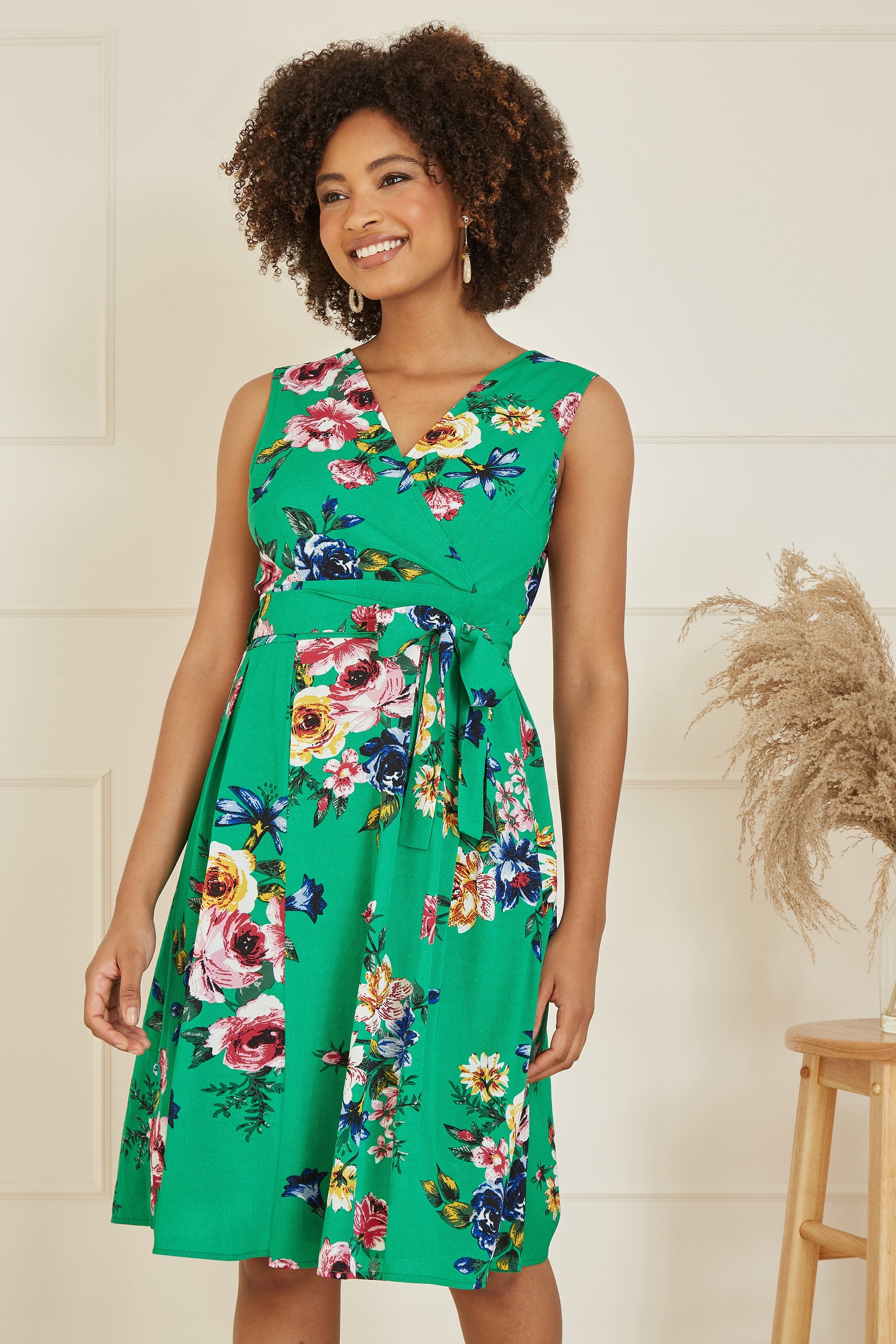 Mela Green Floral Wrap Over Midi Skater Dress - QHA UK