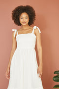 Mela White Broderie Anglaise Ruched Midi Sundress With Tie Sleeves - QHA UK