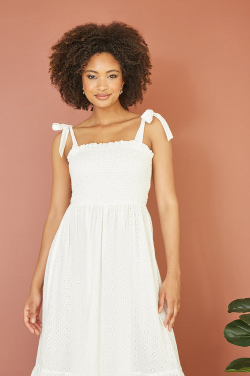 Mela White Broderie Anglaise Ruched Midi Sundress With Tie Sleeves - QHA UK