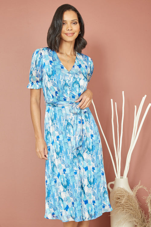 Mela Blue Abstract Print Tea Dress With Pleats And Front Split - QHA UK