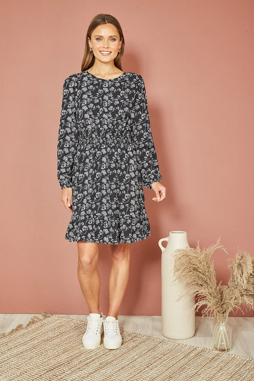 Mela Black Floral Print Ruched Waist Long Sleeve Skater Dress - QHA UK