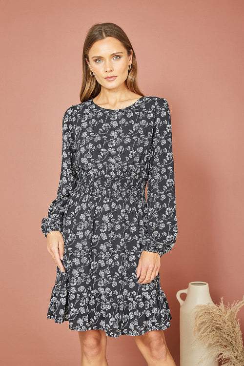 Mela Black Floral Print Ruched Waist Long Sleeve Skater Dress - QHA UK