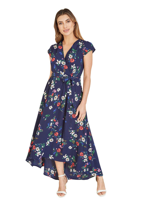 Mela Navy Daisy Print Wrap Over Midi Dress With Dipped Hem - QHA UK