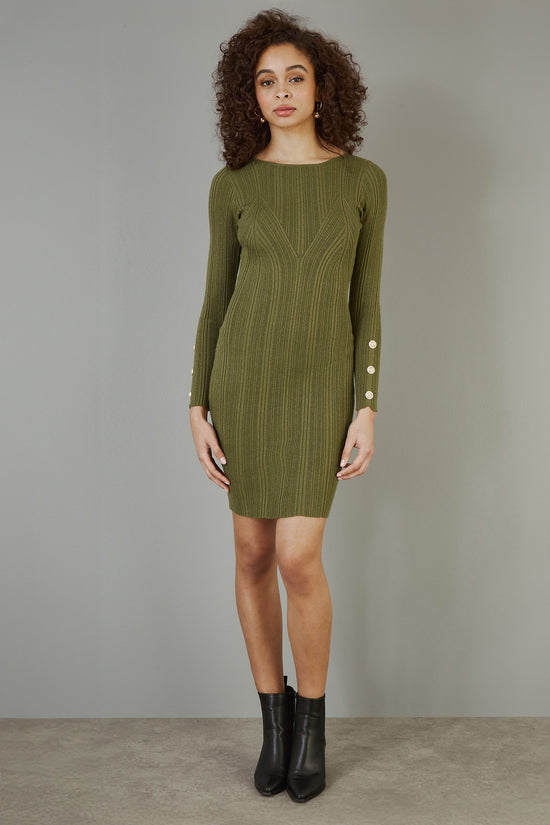 Yumi Green Shimmer Fitted Midi Dress With Button - QHA UK