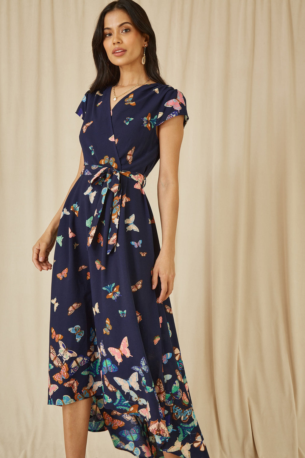 Yumi Navy Butterfly Print Dip Hem Midi Wrap Dress - QHA UK