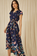 Yumi Navy Butterfly Print Dip Hem Midi Wrap Dress - QHA UK