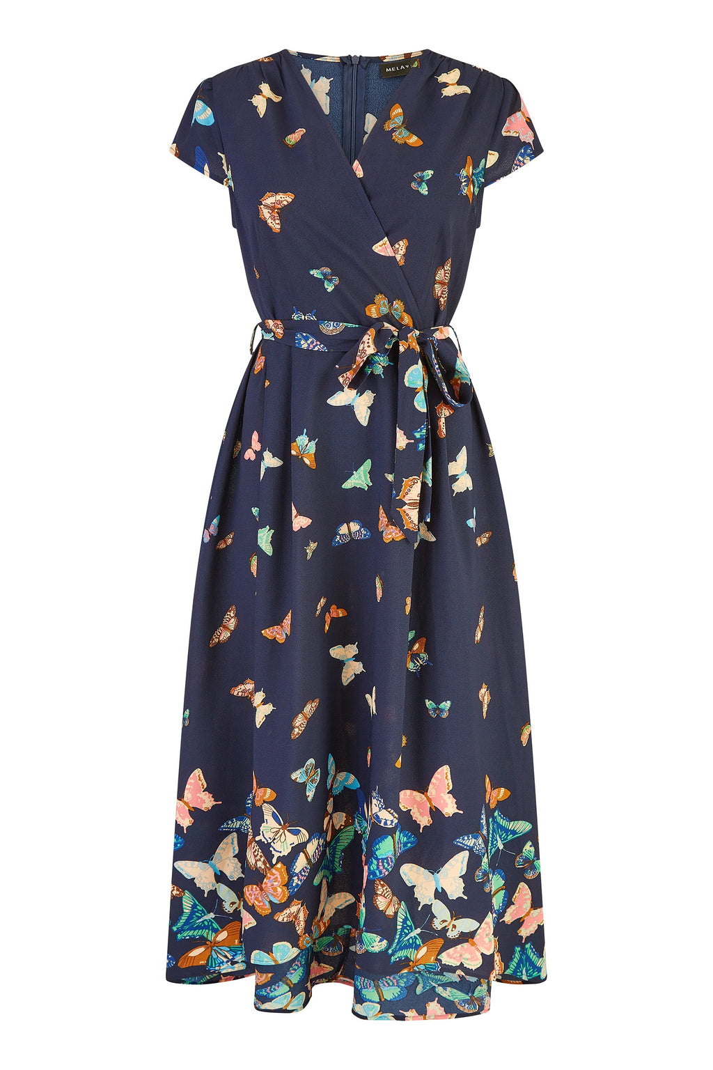 Yumi Navy Butterfly Print Dip Hem Midi Wrap Dress - QHA UK